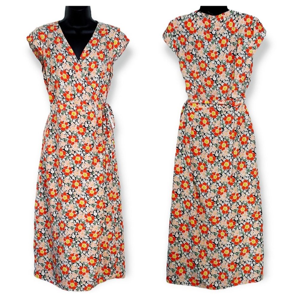 J. Crew Mercantile Wrap Midi Dress Size Small Floral Print V-Neck Retro